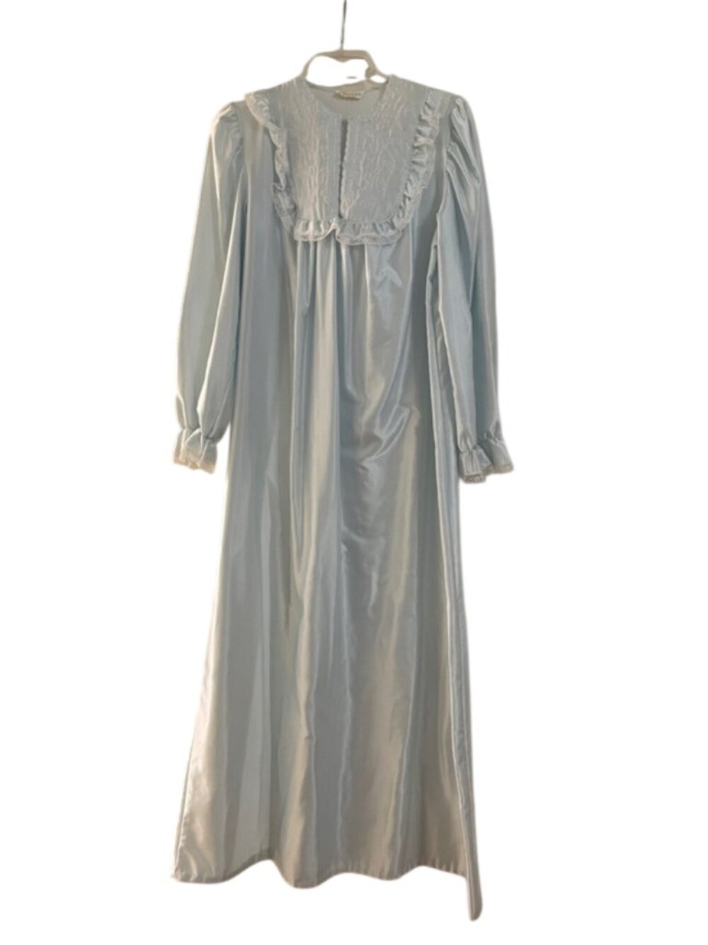 Vintage Elissia Ice Blue Satin Maxi Nightgown Embroidered Floral Bib Size M